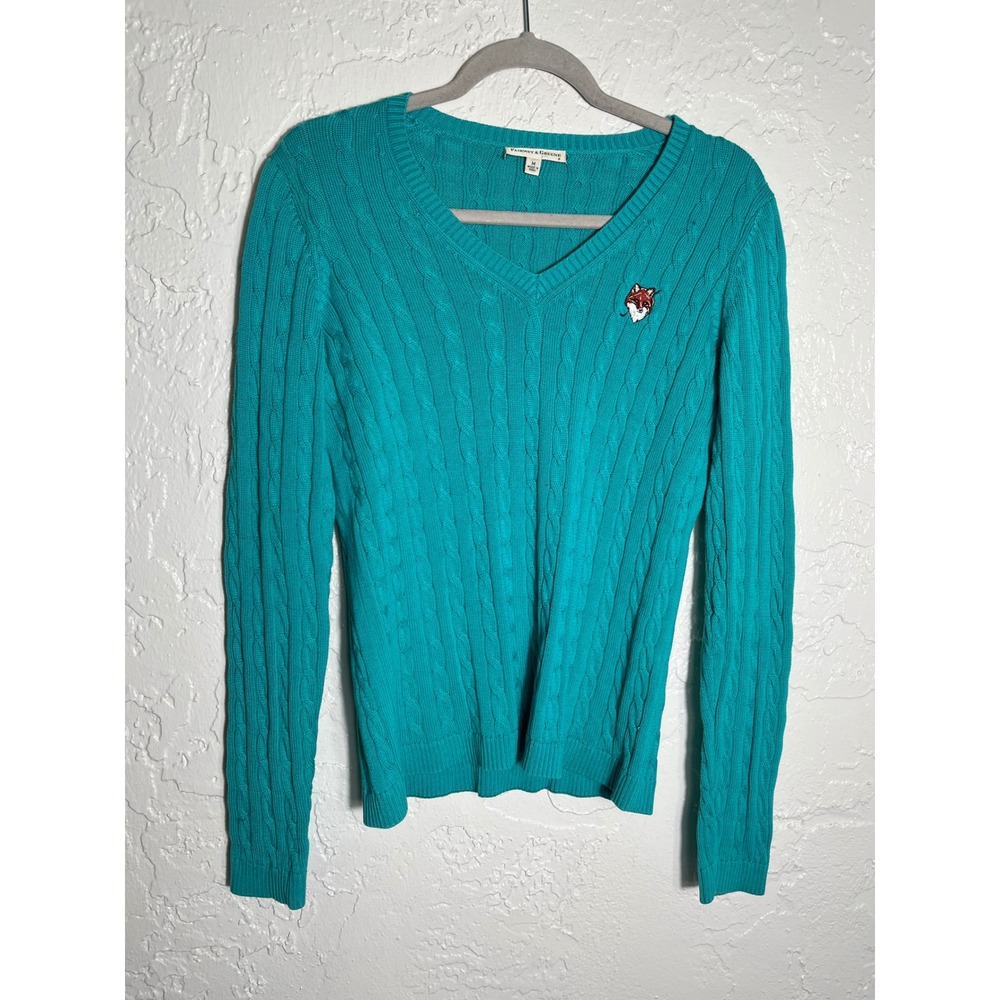 Fairway & Greene Womens Teal Blue Pima Cotton Cable Knit Fox V-Neck Sweater M